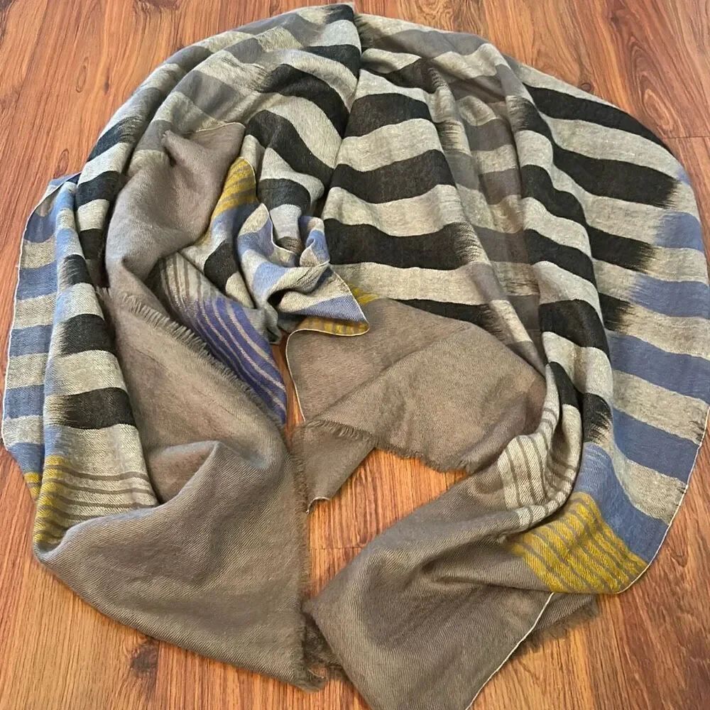 Jadem Bir 100% cashmere taupe blue striped scarf wrap large